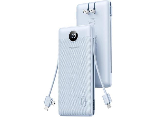 VEGER Portable Charger, 10000mAh Power Bank, Built-in AC Plug and Cables Ultra Slim, Charging 4 Devices Once, Travel Essentials, USB C Battery...