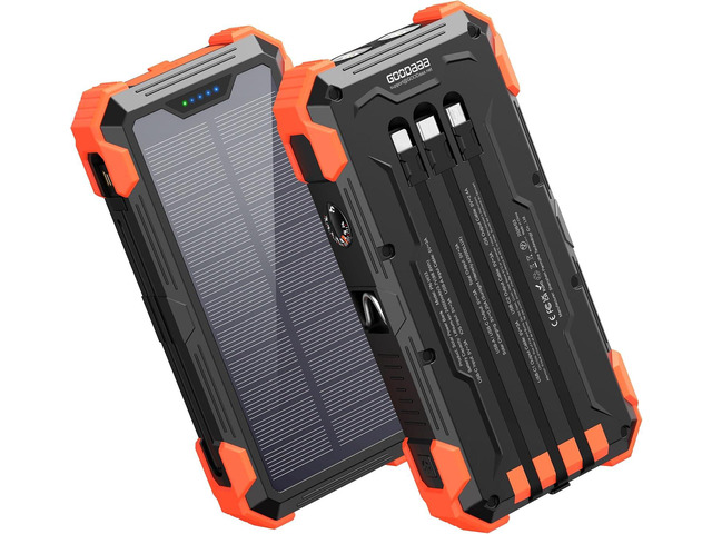 GOODaaa Solar Power Bank 24000mAh, Portable Charger with 4 Built-in Cables, 15W Fast Charging 5 Outputs 2 Inputs Battery Pack, Thermometer & SOS...