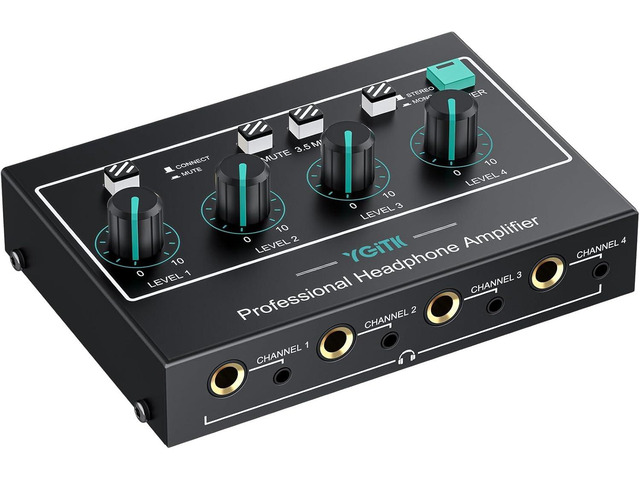 4 Channel Headphone Amplifier,Stereo Audio Amplifier Mixer with 3 Audio Inputs, Individual Mute & Volume Control, Mono/Stereo 1/4' & 1/8' TRS...