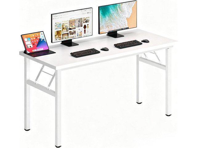 DlandHome 62 Inch Large Folding Computer Desk, Fully Assembled, White