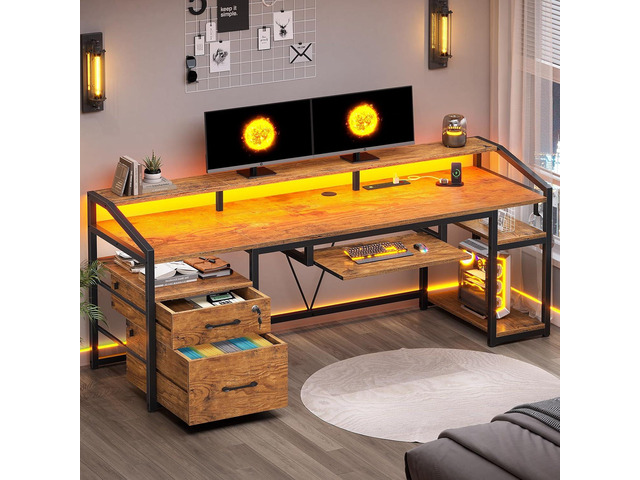 SEDETA 63' Computer Desk, Office Desk with Lock Drawers for Legal/Letter File, Gaming Desk with LED Light & Power Outlet, Home Office Desks for...