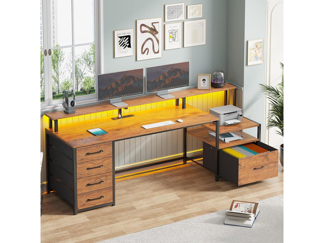SEDETA 66'' Computer Desk with 5 Drawer, Power Outlet for Home Office