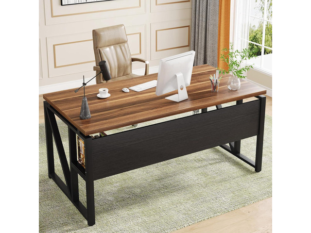 Tribesigns 55 inches Computer Desk with Bottom Storage Shelf Home Office Desk Writing Table for Workstation, Dark Walnut + Steel Leg, Cabinet not...