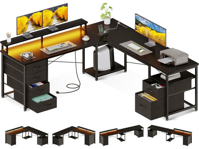 AODK 66' L Shaped Computer Desk, 113 Reversible Home Office Desk with File Cabinet & 4 Fabric Drawers, Two Person Desk with LED Lights & Power...