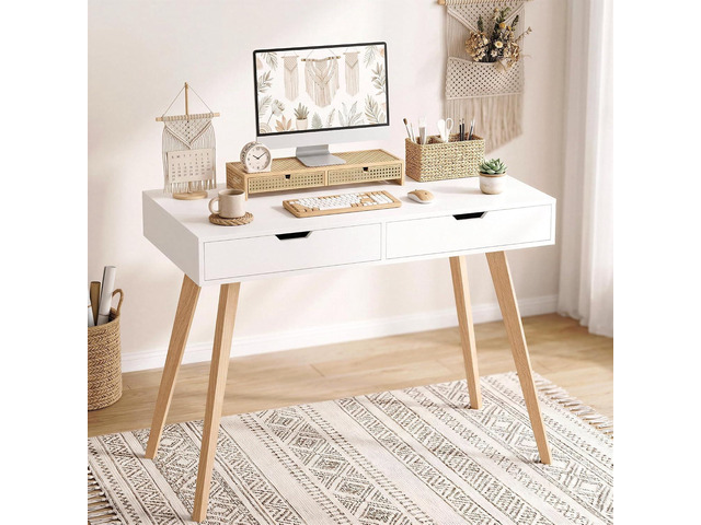 FOTOSOK White Writing Desk with 2 Drawers, Small Desk Makeup Vanity Table