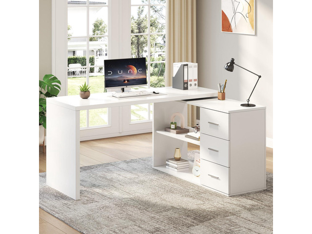 HSH 55-76 Inch White Morden L Shaped Desk,Corner Desk with Storage Drawers