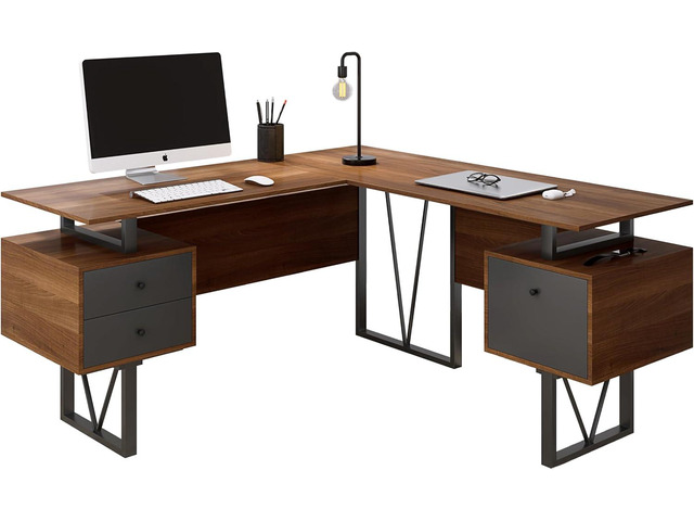 Techni Mobili Reversible L-Shaped Computer Desk with File Cabinet, Brown