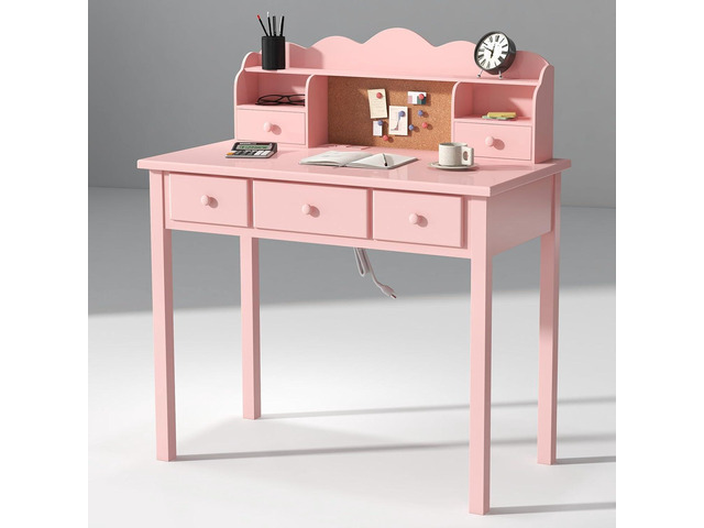 Writing Desk With Hutch, 36 Inch Small Pink Desk for Girls, Pre-installed