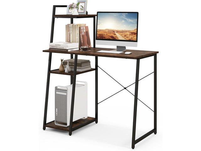 COSTWAY Computer Desk with 4-Tier Storage Shelves, Home Office Desk Writing Table with Sturdy X-Shape Frame, Adjustable Foot Pads, Modern Simple...