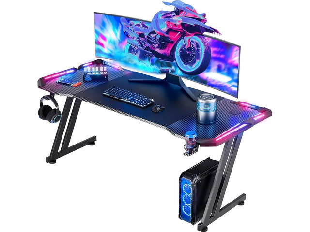 HLDIRECT 63 Inch Gaming Desk Z Shaped Carbon Fiber Computer Desk with LED