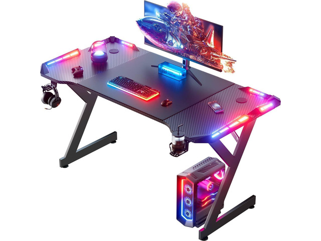 HLDIRECT 55 Inch Gaming Desk with Carbon Fiber Surface & LED Lights, Black