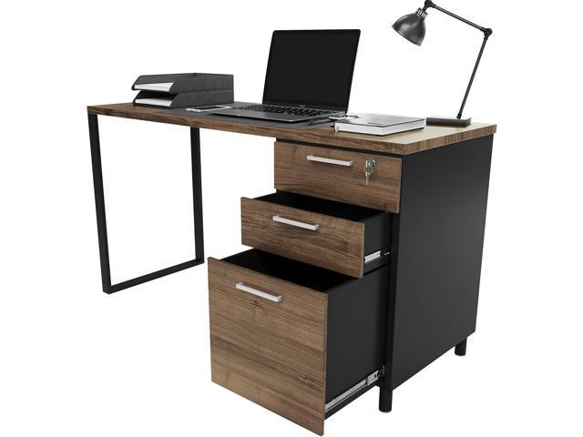 Modern Design Milano Office Computer Desk with 3 Locking Drawers, 48 Inch Walnut and Black Industrial Wood Desk with Filing Drawer and Storage By...