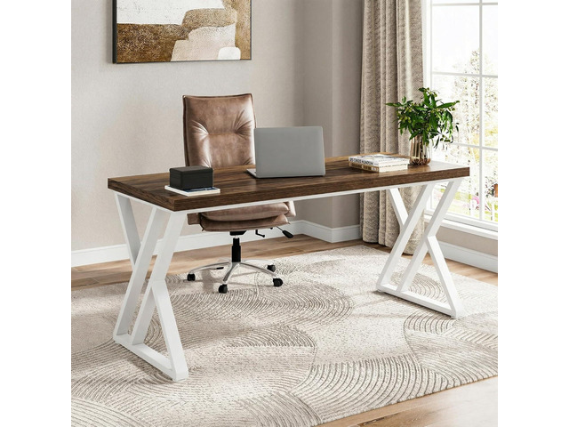 Tribesigns Modern Walnut/White 55' Heavy Duty Computer Desk, Study & Work Desk, 23.6'D x 55.1'W x 29.5'H, Z-Shaped Metal Legs, 330 lbs Capacity
