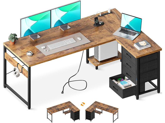 AODK 61' L Shaped Gaming Desk with 4 Drawers and Power Outlets, Vintage