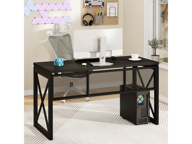 BON AUGURE Black Computer Desk, Modern Gaming Desk, Industrial Wood Office Desks, Sturdy Writing Desks for Home Office, Living Room, Study...