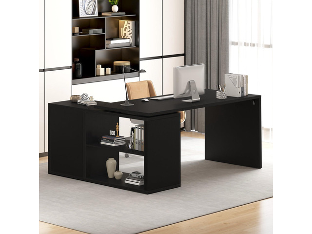 HSH Black L Shaped Computer Desk, Wood Corner Desk with Storage, 55 Inch