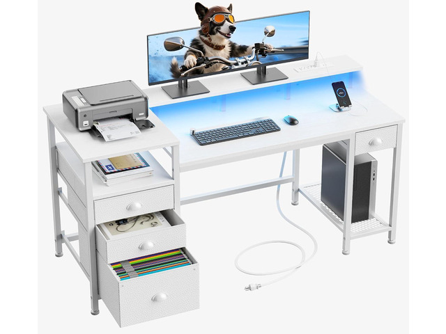 Furologee 60' White Computer Desk with 4 Drawers, Power Outlet, LED Lights