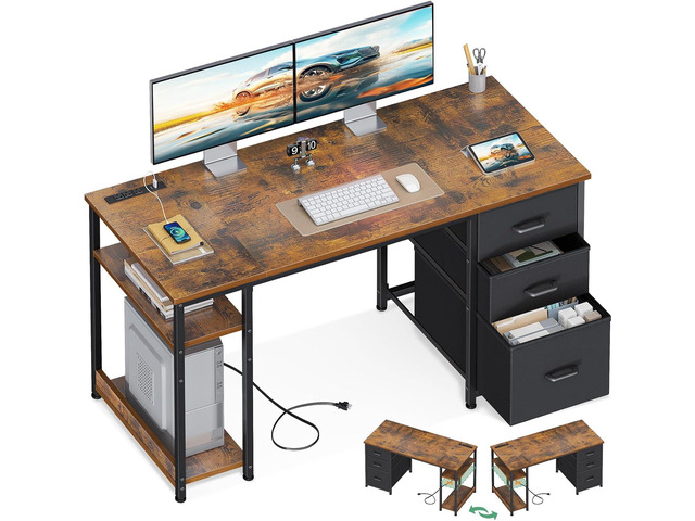 AODK 51 Inch Computer Desk with Drawers & USB Power Outlets