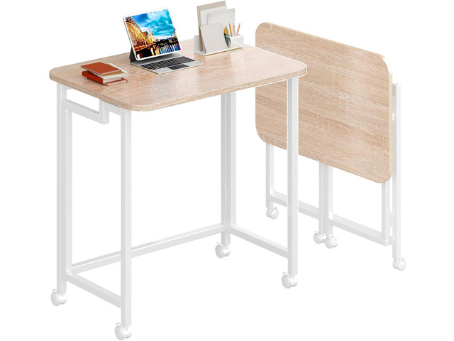 4NM 23.6' Mobile Small Rolling Computer Desk, Folding Laptop Cart Table with Wheels, Portable Office Desk for Small Space Couch Bed - Natural and...