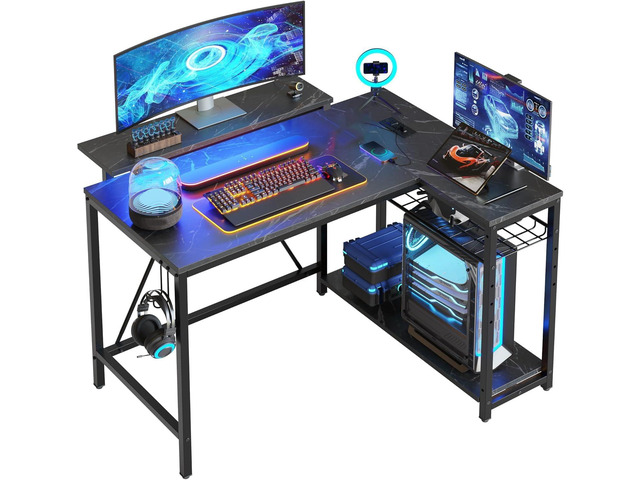 Bestier 42-Inch L-Shaped Gaming Desk with Charging & LED, Marble Black
