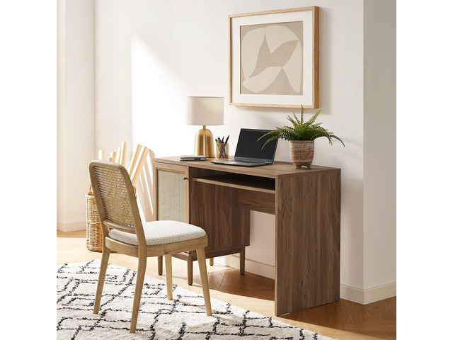 mopio Haylee Boho Farmhouse Writing Desk, with Natural Rattan Exterior Door, Ample Storage, Adjustable Shelves, for Study, Vanity, Makeup, & Work,...