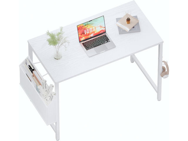 Pamray 32 Inch Computer Desk Small Spaces Desk with Storage Bag for Bedroom Writing and Home Office Work Small Study Desk Table White