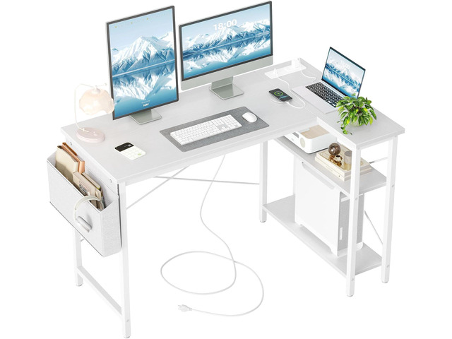 TIQLAB L Shaped Computer Desk with Power Outlets, 47 Inch Small Corner Desk with Reversible Shelves, Gaming Desk Computer Table Study Writing Desk...