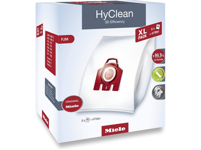 Miele Original AirClean 3D Efficiency FJM XL-Pack Vacuum Cleaner Bags, Containing 8 Bags and 4 Filters, for Miele Compact C2, Compact C1, Complete...