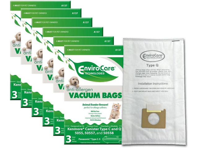 Envirocare Replacement Allergen Filtration Vacuum Cleaner Dust Bags made to fit Kenmore Canister Type C or Q 50555, 50558, 50557 and Panasonic Type...