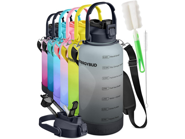 1 Gallon Water Bottle With Straw Dishwasher-Safe BPS & BPA Free, 2 Cleaning Brush Motivational 128oz Water Jug with Time Markers, Wide-Mouth...