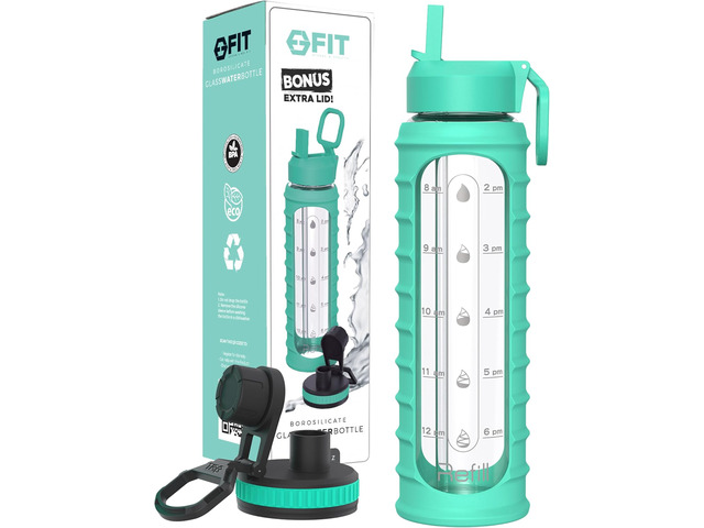 FIT Strong & Healthy 32 oz Glass Water Bottle with Straw Lid - Wide Mouth Borosilicate Glass Water Bottles with Time Marker, Silicone Sleeve &...