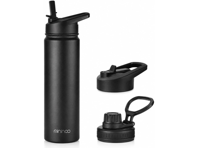 mininoo Insulated Stainless Steel Water Bottle with Straw and Lid for Sports, 24 oz, Black