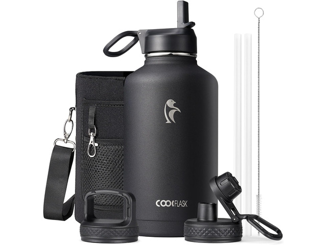 Coolflask Half Gallon Water Bottle Insulated with Straw & 3 Leakproof Lids