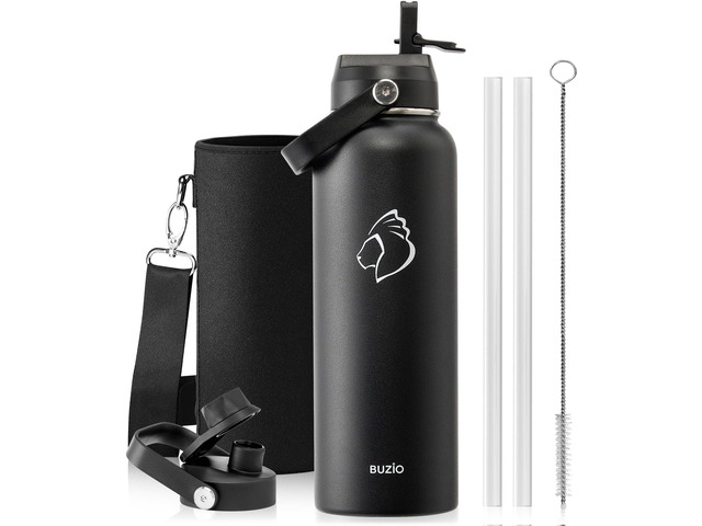 BUZIO Triple Wall Vacuum Water Bottle with Dust-Proof Straw & Spout Lids