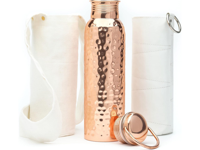 Kitchen Science - Gift Set Pure Hammered Copper Water Bottle 34 oz With Handle, Canvas Sleeve & Sling