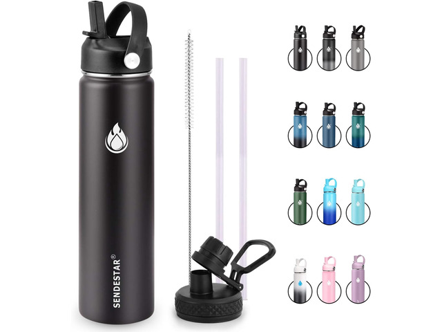 SENDESTAR Insulated Water Bottle 24 OZ, Wide Mouth 24 oz Water Bottle with Straw Lid, Spout Lid, Double Wall Vacuum Stainless Steel Leak Proof,...
