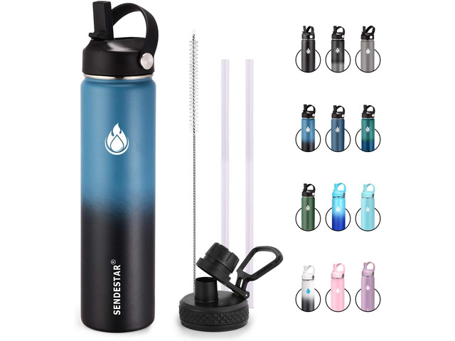SENDESTAR Insulated Water Bottle 24 oz, Double Wall Vacuum Leak Proof Stainless Steel Sports Water BottleWide Mouth with New Flex Straw Lid & Spout...