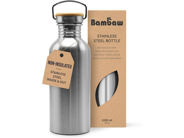 Bambaw Stainless Steel Water Bottles 32 oz, Non-insulated Single Wall Metal Water Bottle Stainless Steel, Reusable & Eco Friendly, Dishwasher Safe ...