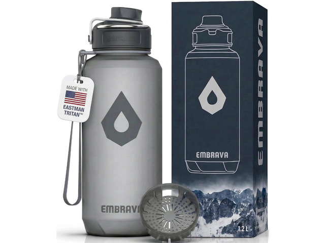Embrava Sports Water Bottle (40oz, Gray) Carry Ring - Fast Flow Wide Mouth