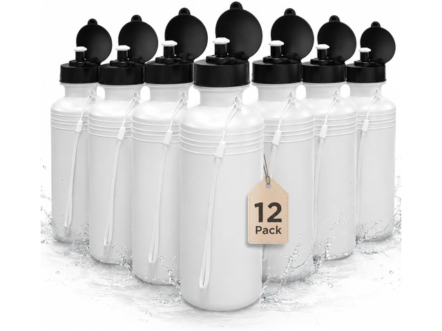 4E's Novelty Sports Water Bottles Bulk (12 Pack) 18 oz Squeeze Reusable Plastic White School Bike Water Bottle for Kids, BPA Free, Party Favor...