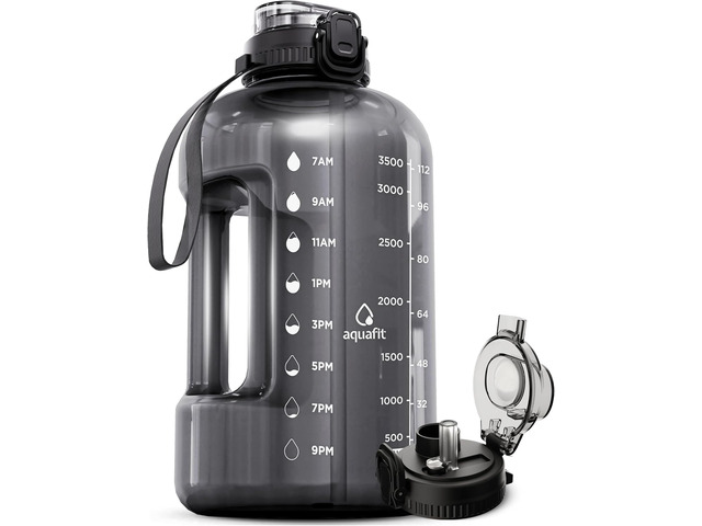 AQUAFIT 1 Gallon Water Bottle with Time Marker, 2in1 Lid