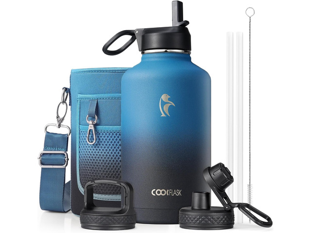 Coolflask Half Gallon Water Bottle Insulated with Straw & 3 Leakproof Lids