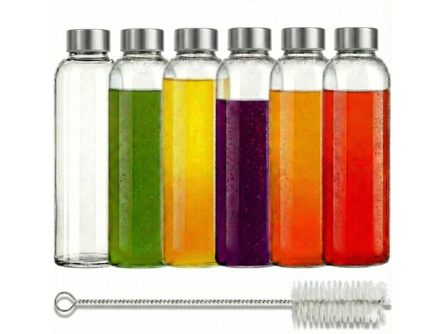 Brieftons Glass Water Bottles with Lids, 18 oz Set of 6: BPA-Free Soda Lime, Leakproof Stainless Steel Caps, Reusable Juice, Kefir & Kombucha...