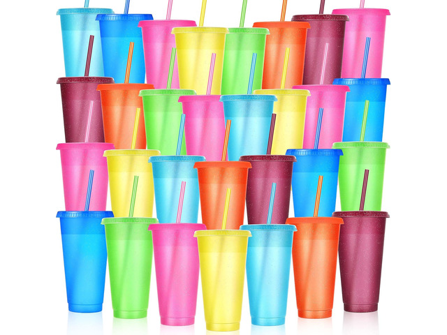 Honeydak 30 Pack Plastic Tumbler with Straw and Lid Bulk, Elegant Color