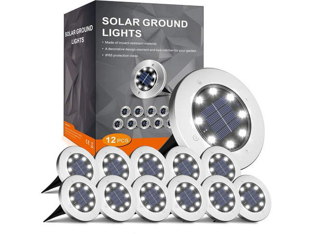 12 Pack 4.6 Inch Solar Ground Lights Outdoor, Waterproof, Cold White 8 LEDs, 600mAh Ni-MH battery, 8-10 hr runtime, stainless steel and ABS body,...