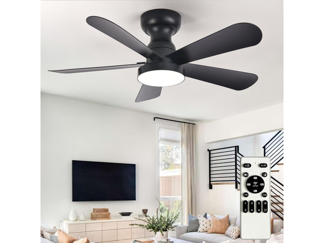 Black Ceiling Fan with Lights: 35-Inch Flush Mount Fan with Light and Remote - Low Profile Ceiling Fans Reversible Quiet DC Motor for Bedroom...