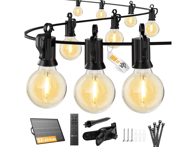 108FT 52LED Solar String Lights Outdoor with Remote & USB Port Shatterproof Bulbs, Dimmable & Timable, 3 Modes, Patio Lights Solar Powered with a...