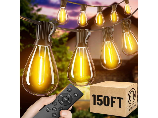 150FT Outdoor String Lights with Remote, Waterproof Patio Lights with 55+2 Shatterproof LED Bulbs,Dimmable Hanging Decor for Backyard Garden Porch...