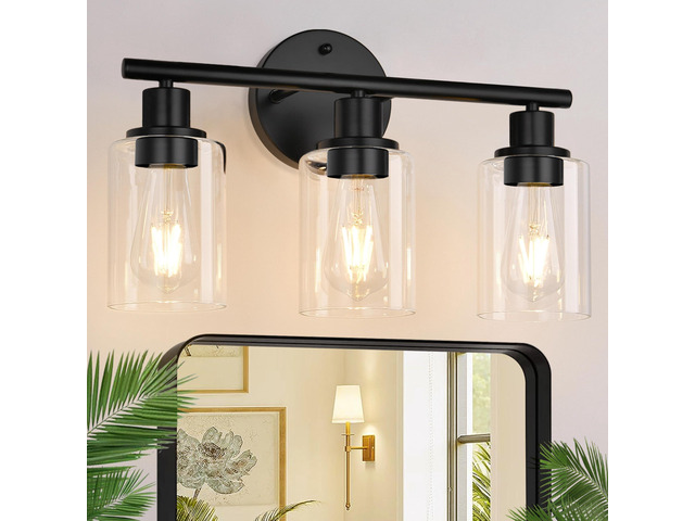 3-Light Bathroom Light Fixtures, 17.23' Black Modern Vanity Lights with Clear Glass Shade, Bathroom Wall Lamp for Mirror Kitchen Living Room...