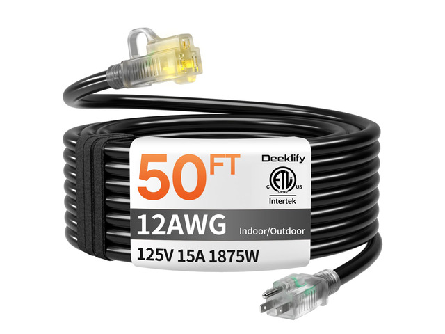 12 Gauge 50 FT Heavy Duty Outdoor Extension Cord Waterproof with Lighted End,Black 12 Gauge Extension Cord Flexible and Cold Resistant 3 Prong...